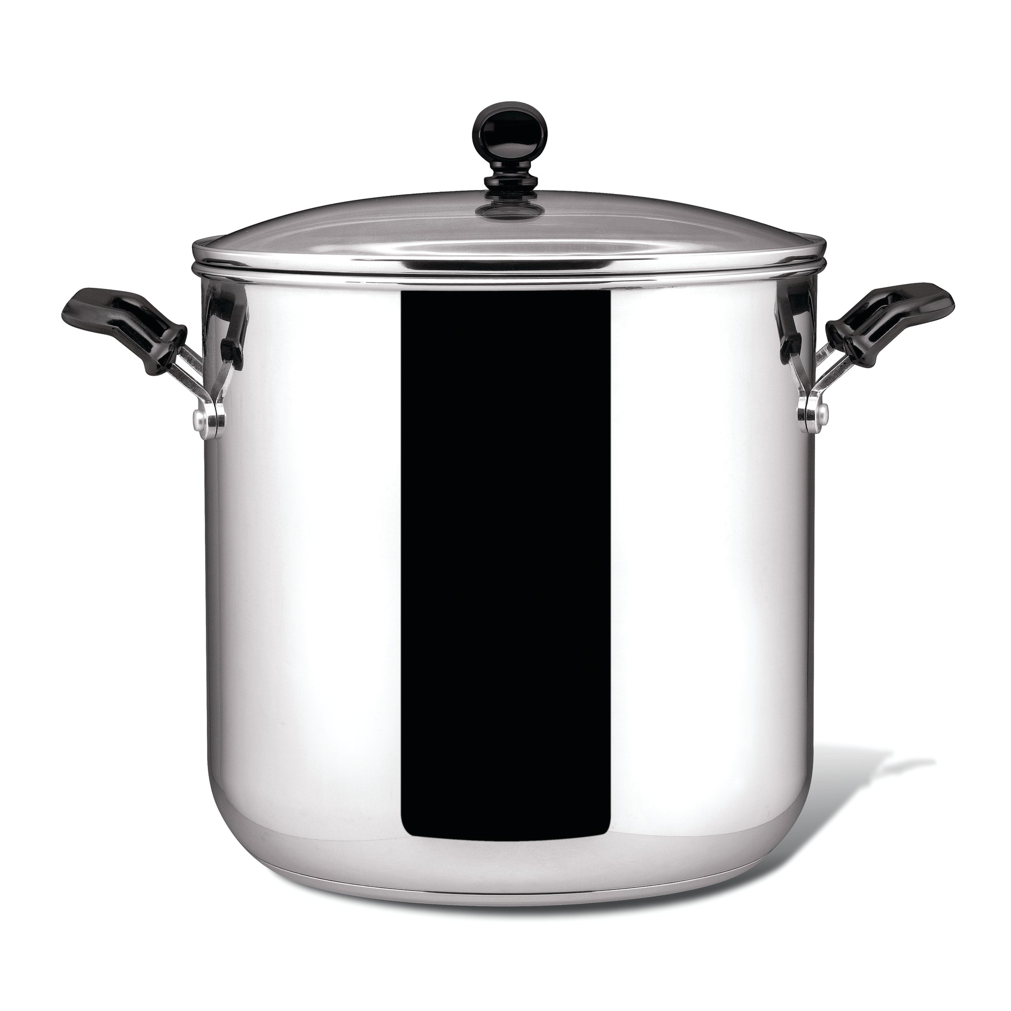 The Classic Series Stainless Steel 11-Qt. Stockpot with black handles and lid knob is crafted for long-lasting performance and durability, shown isolated on white.