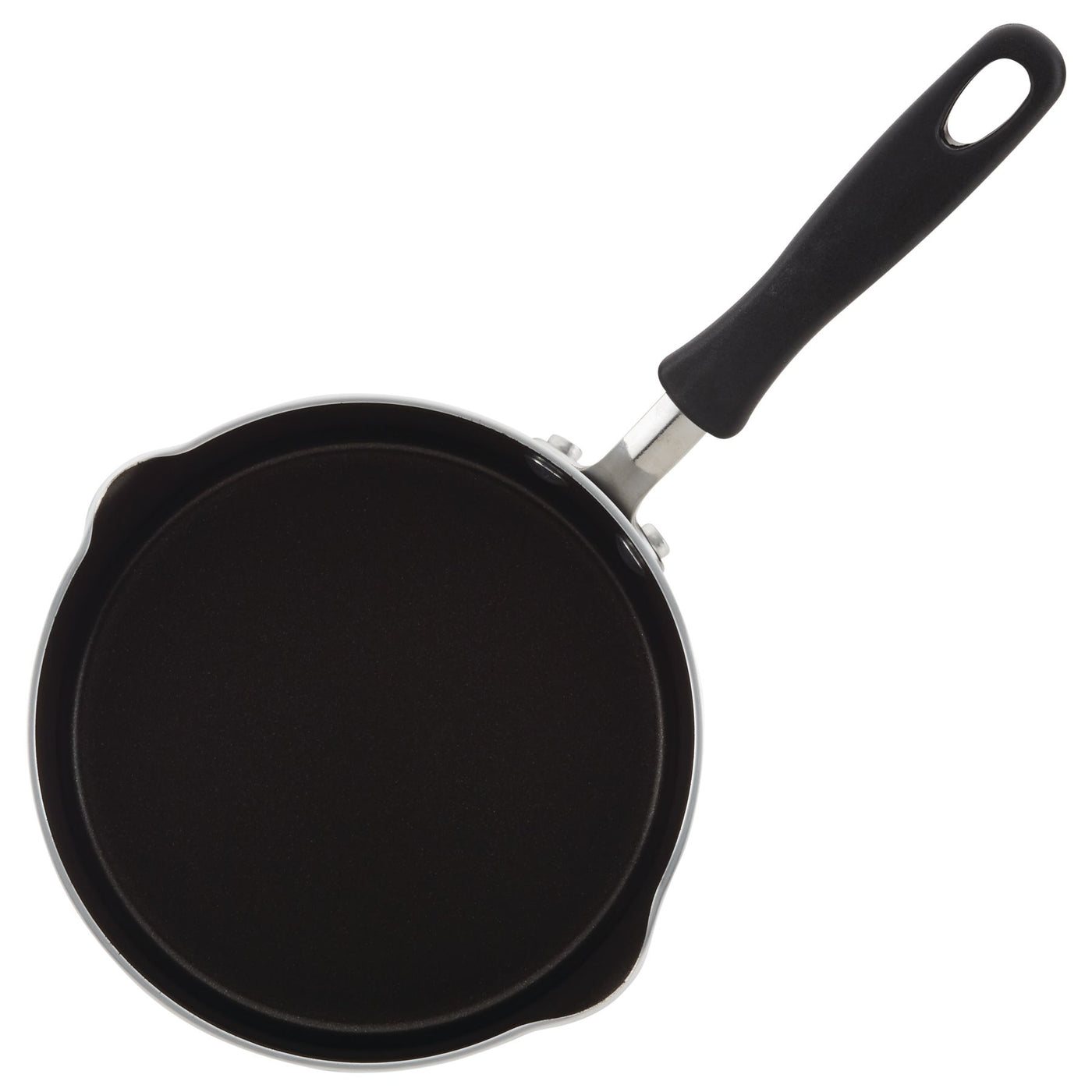 A black Nonstick Saucepan with Straining Lid, featuring DiamondMax nonstick technology, viewed from above.