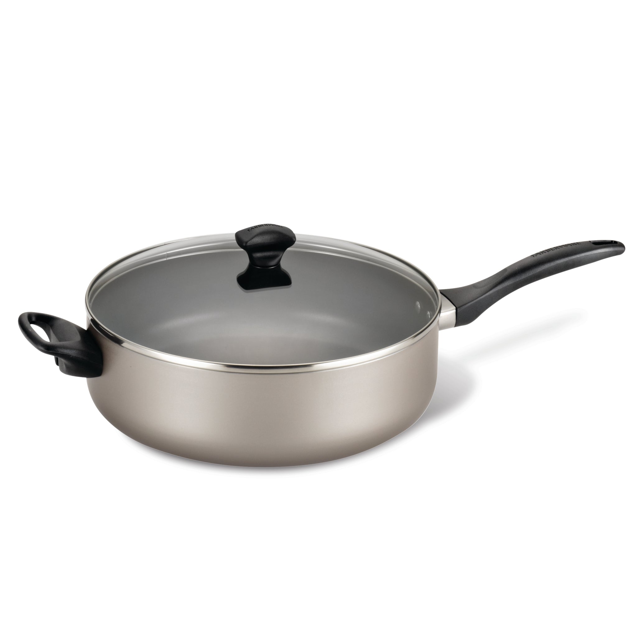 The 6-Quart Nonstick Jumbo Cooker, featuring a glass lid and black handle, sits on a white background; perfect for party-sized portions and conveniently dishwasher safe.