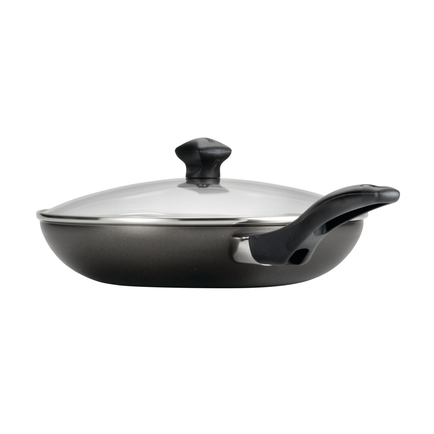 This elegant frying pan, included in the 15-Piece Nonstick Cookware Set, boasts a sleek black design with a nonstick surface and a curved handle, complete with a glass lid.