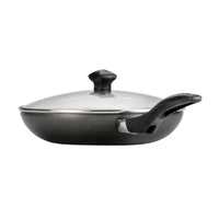 This elegant frying pan, included in the 15-Piece Nonstick Cookware Set, boasts a sleek black design with a nonstick surface and a curved handle, complete with a glass lid.