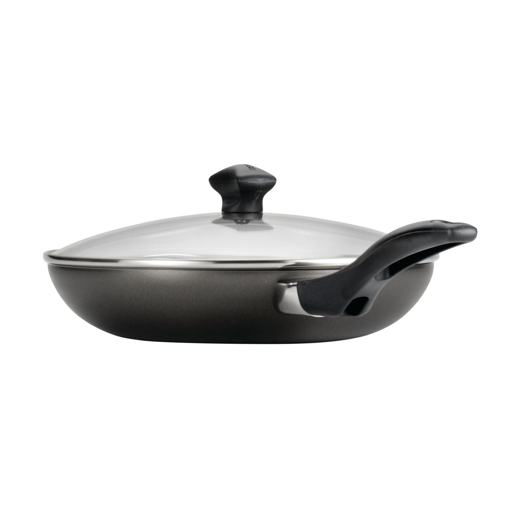 This elegant frying pan, included in the 15-Piece Nonstick Cookware Set, boasts a sleek black design with a nonstick surface and a curved handle, complete with a glass lid.