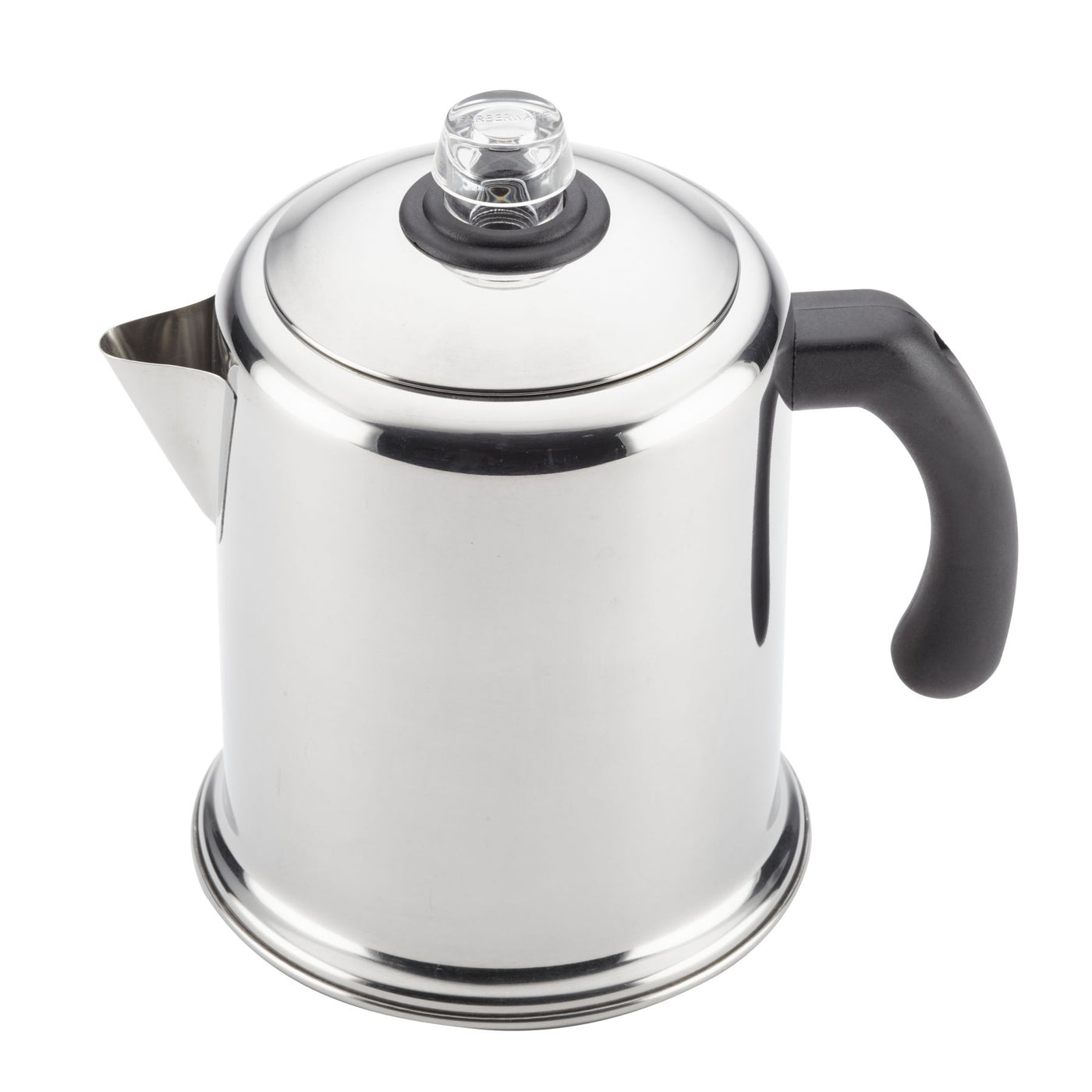 The Yosemite Percolator Coffee Maker, made from heavy-duty stainless steel, showcases a stylish black handle against a white body and comes with a handy permanent filter basket for easy brewing.