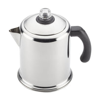 The Yosemite Percolator Coffee Maker, made from heavy-duty stainless steel, showcases a stylish black handle against a white body and comes with a handy permanent filter basket for easy brewing.