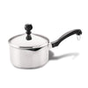 The Classic Series Stainless Steel Saucepan With Straining Lid, featuring a black handle, is perfect for steaming veggies.