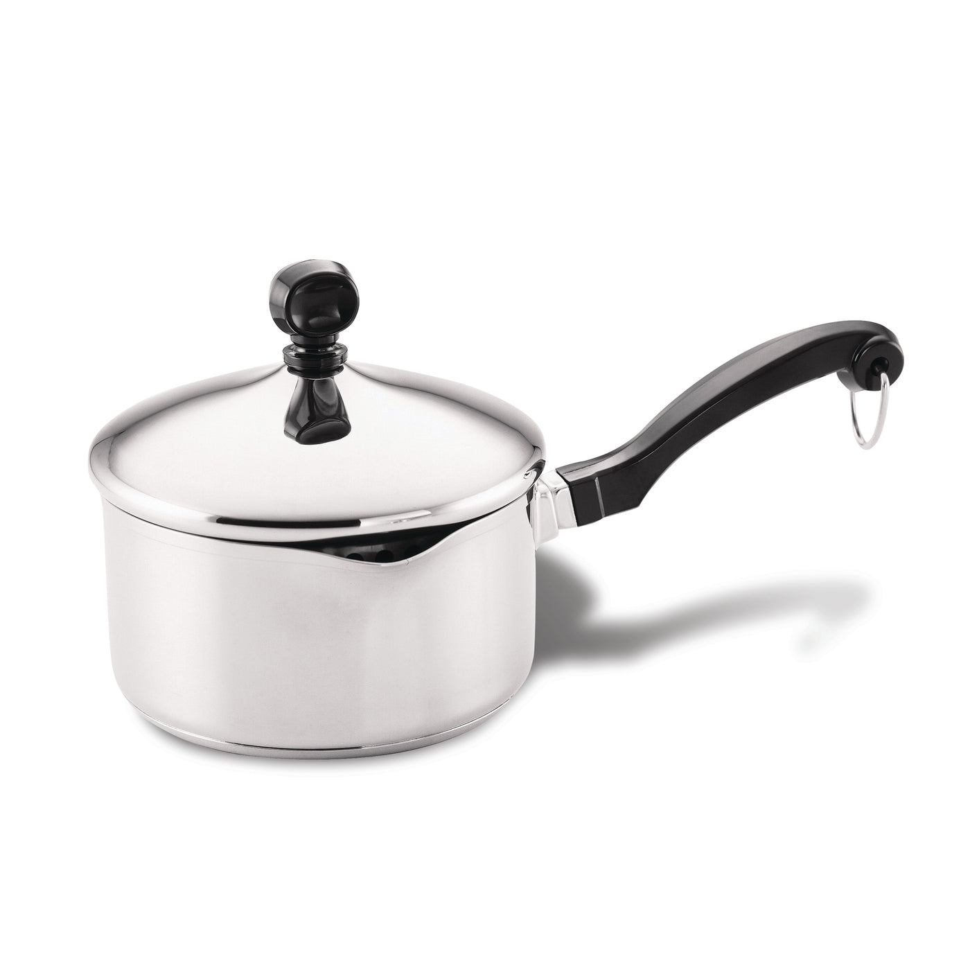 The Classic Series Stainless Steel Saucepan With Straining Lid, featuring a black handle, is perfect for steaming veggies.