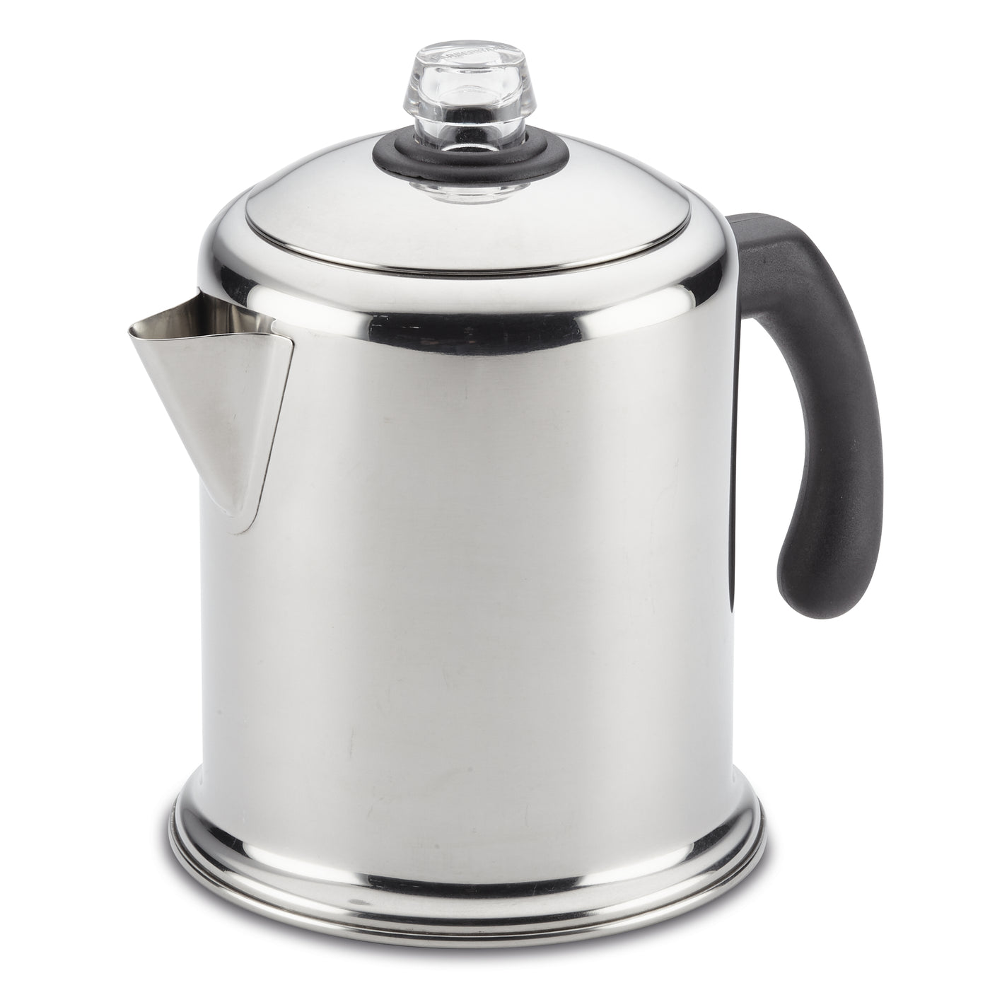 The Yosemite Percolator Coffee Maker features a robust stainless steel build, enhanced by a sleek black handle and clear knob. Designed with a permanent filter basket, it seamlessly combines style and functionality.