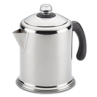 The Yosemite Percolator Coffee Maker features a robust stainless steel build, enhanced by a sleek black handle and clear knob. Designed with a permanent filter basket, it seamlessly combines style and functionality.