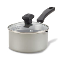 A Nonstick Saucepan with Straining Lid, showcasing DiamondMax technology, comes in gray and includes a black handle and straining glass lid.
