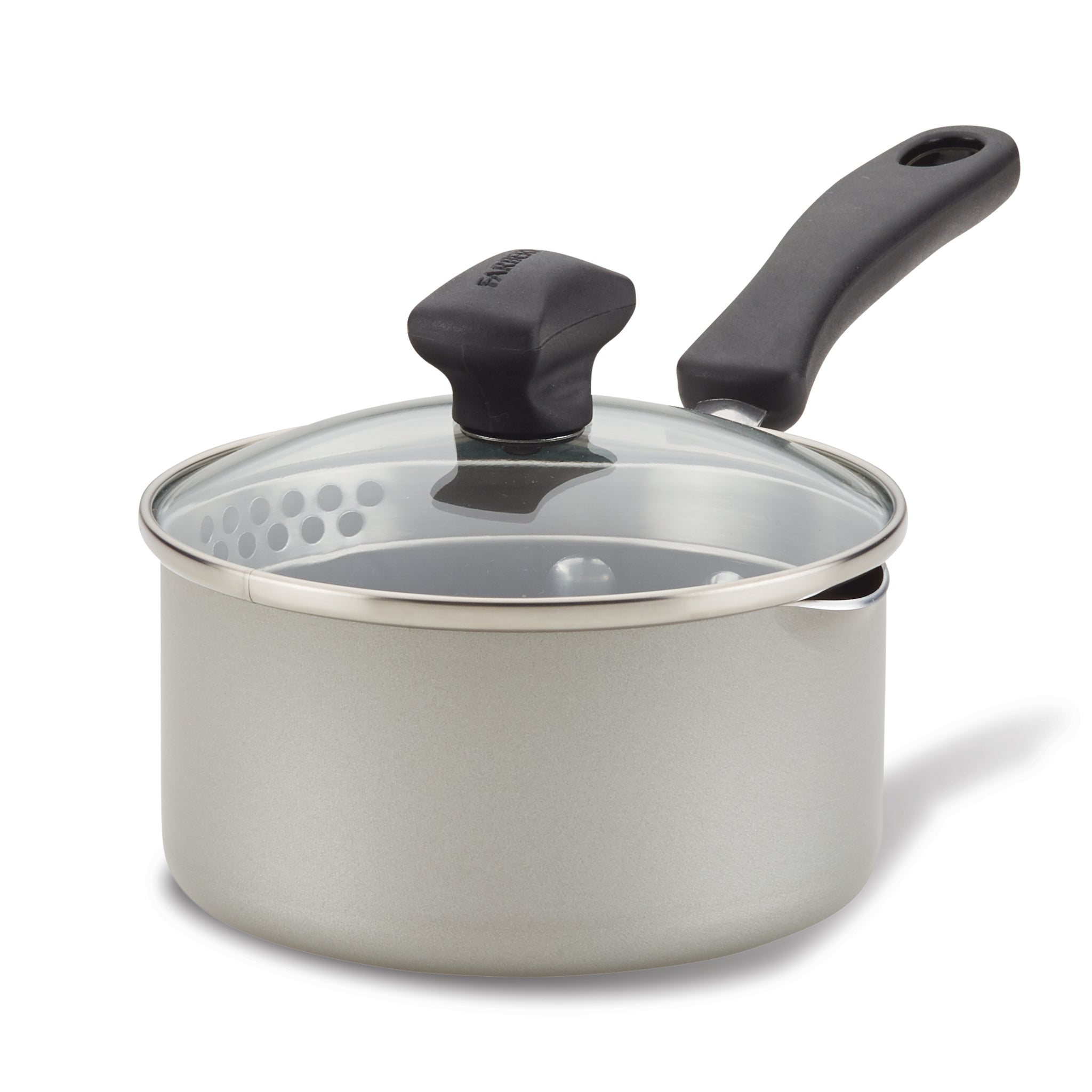 A Nonstick Saucepan with Straining Lid, showcasing DiamondMax technology, comes in gray and includes a black handle and straining glass lid.