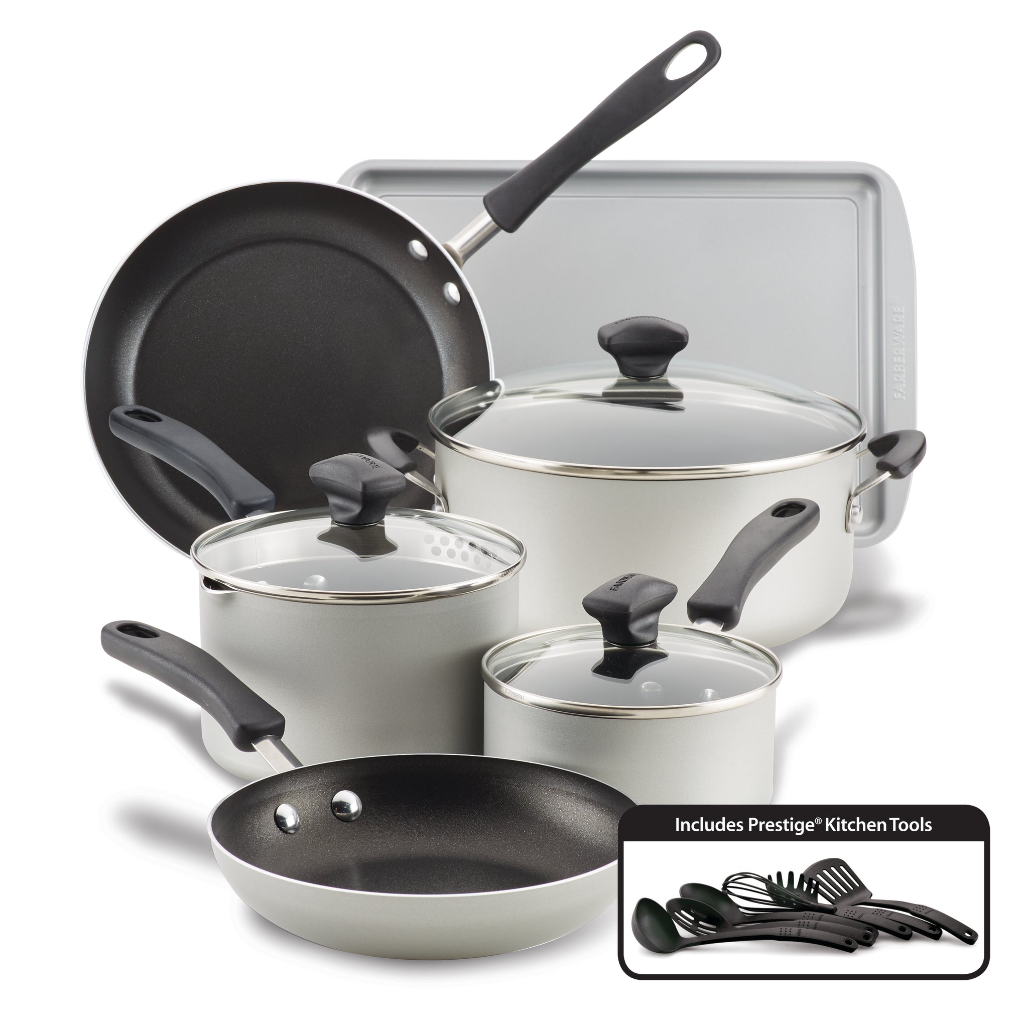 15-Piece Nonstick Cookware Set including heavy gauge aluminum pots, pans, lids, baking tray, and kitchen tools.