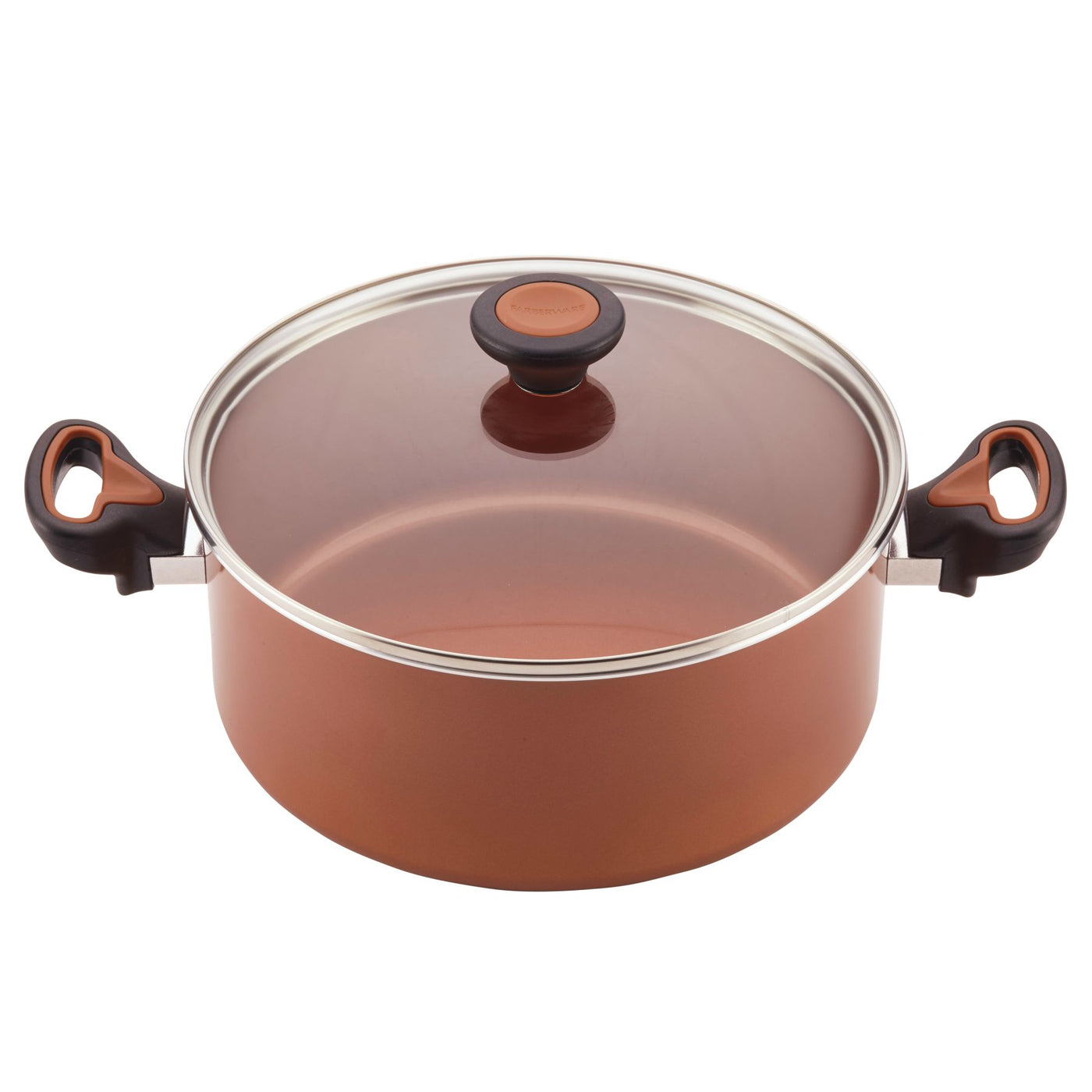 The 12-Piece Copper Ceramic Nonstick Cookware Set features a copper-colored cooking pot equipped with CopperSlide technology, complemented by a sleek glass lid and black handles, making it both nonstick and dishwasher safe.