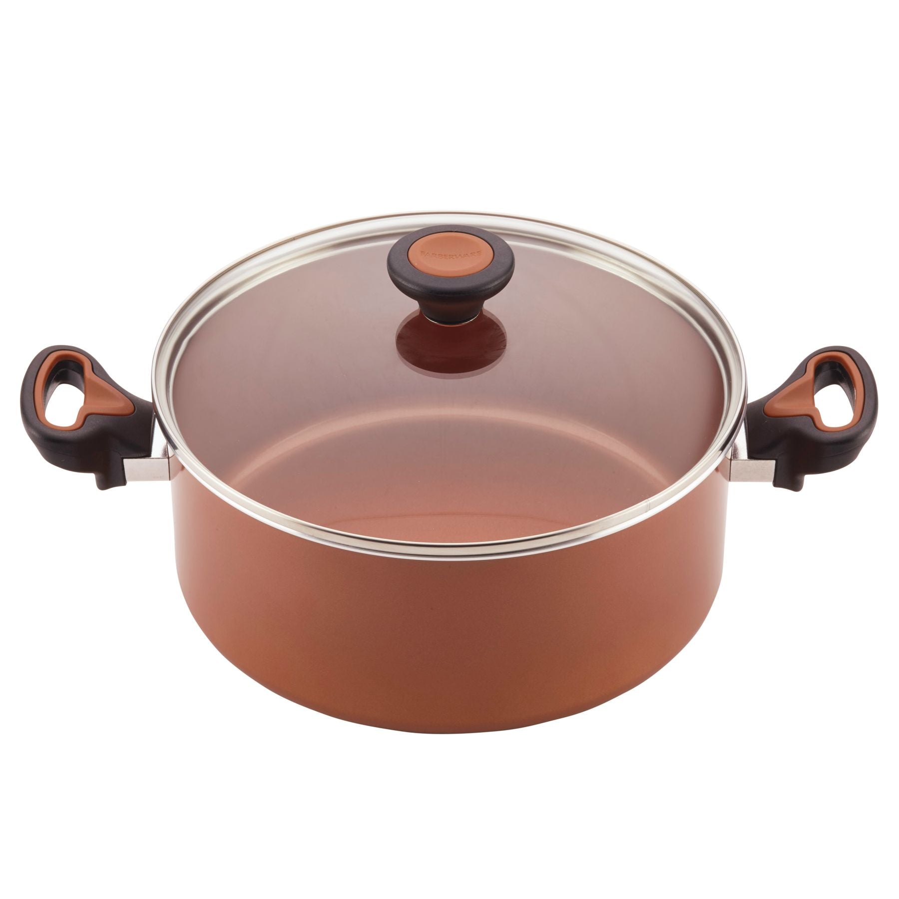 The 12-Piece Copper Ceramic Nonstick Cookware Set features a copper-colored cooking pot equipped with CopperSlide technology, complemented by a sleek glass lid and black handles, making it both nonstick and dishwasher safe.
