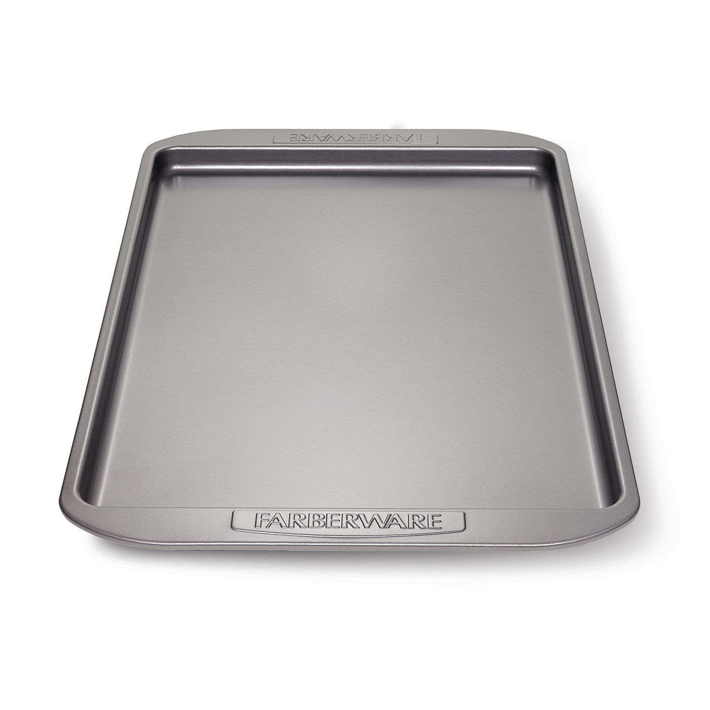 Cookie Pan by Farberware, a nonstick rectangular baking sheet featuring raised edges, ideal for baking cookies, set against a white background.