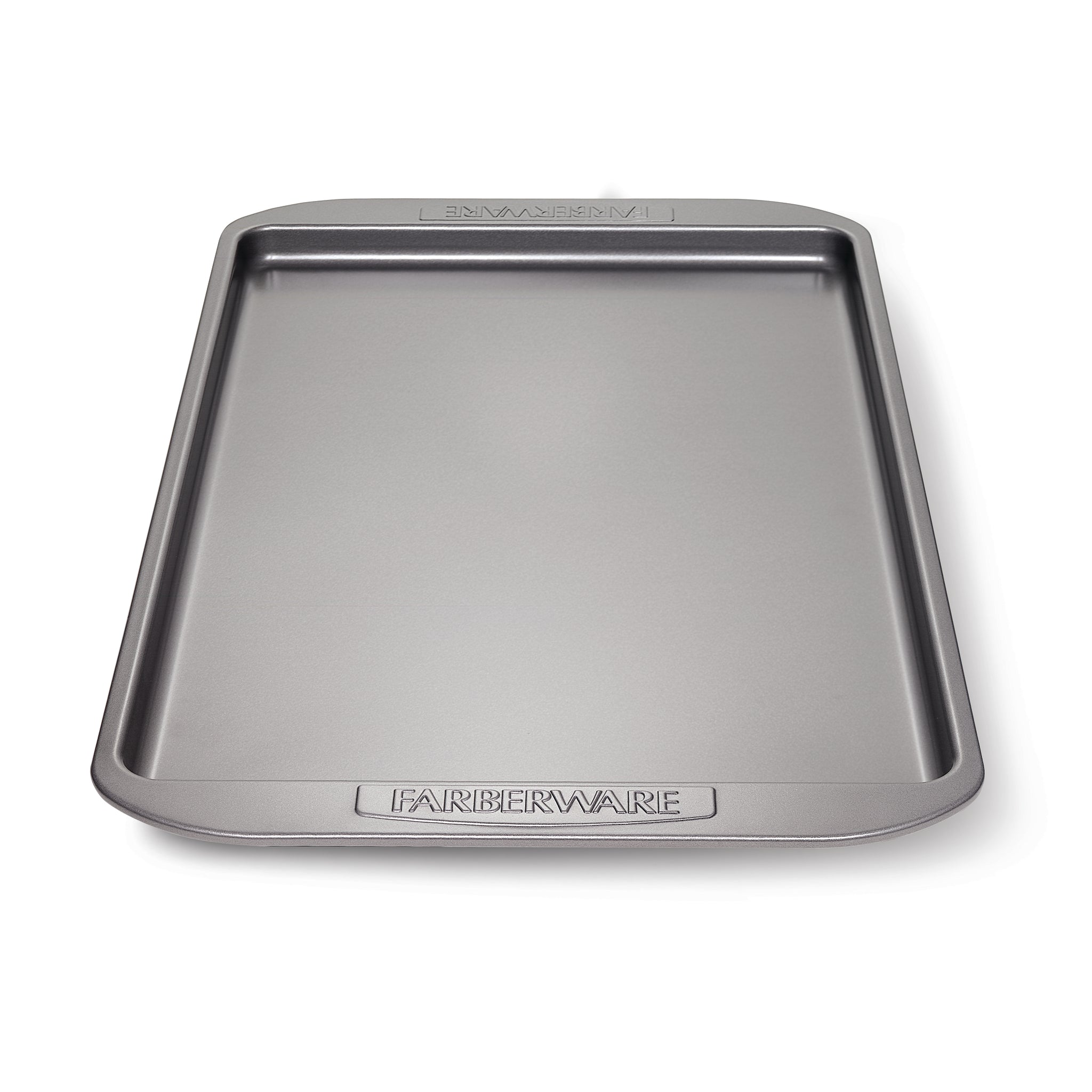 Cookie Pan by Farberware, a nonstick rectangular baking sheet featuring raised edges, ideal for baking cookies, set against a white background.