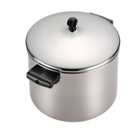 The Classic Series Stainless Steel Stockpot With Lid features black handles and is renowned for its durability and long-lasting performance.