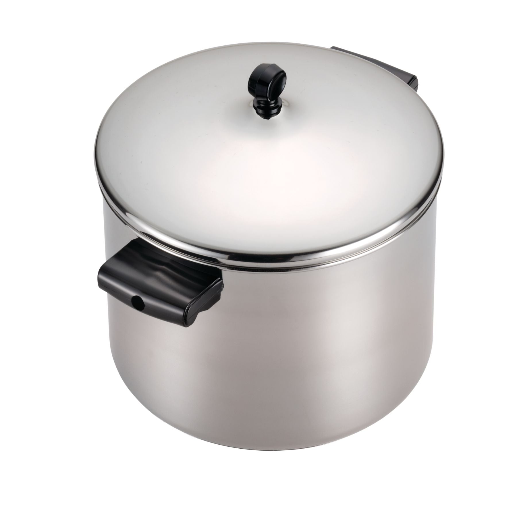 The Classic Series Stainless Steel Stockpot With Lid features black handles and is renowned for its durability and long-lasting performance.