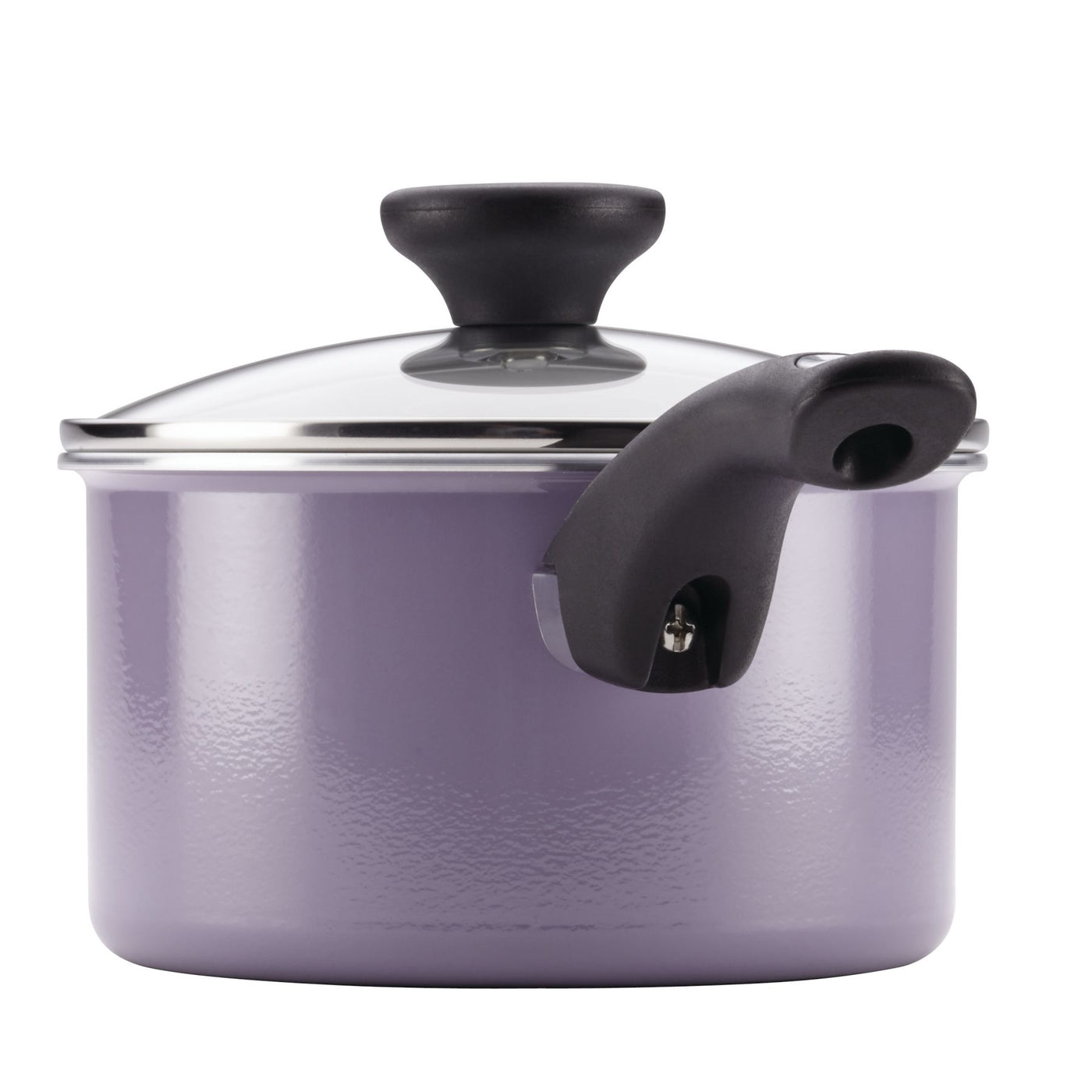 A robust purple saucepan featuring a stylish black handle and a glass lid, ideal for nonstick cooking, is part of the 12-Piece Nonstick Cookware Set.