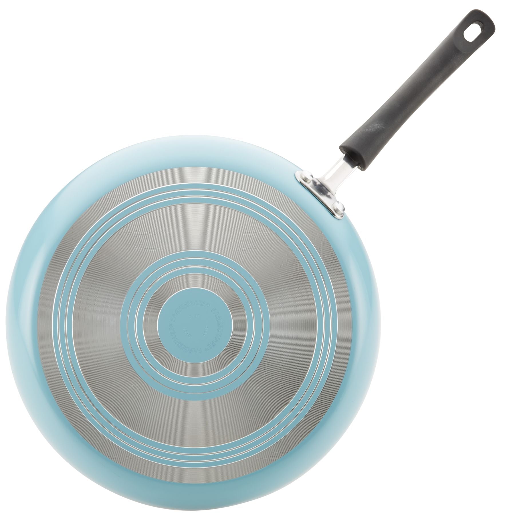 Nonstick Frying Pan in blue, crafted from aluminum and equipped with a nonstick finish and a black handle. Its elegant design includes a circular pattern on the bottom.