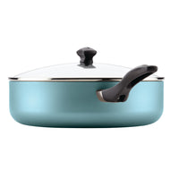The 6-Quart Nonstick Jumbo Cooker features a teal finish, a black handle, and a glass lid, making it ideal for cooking party-sized portions. Additionally, it's dishwasher safe for effortless cleaning.