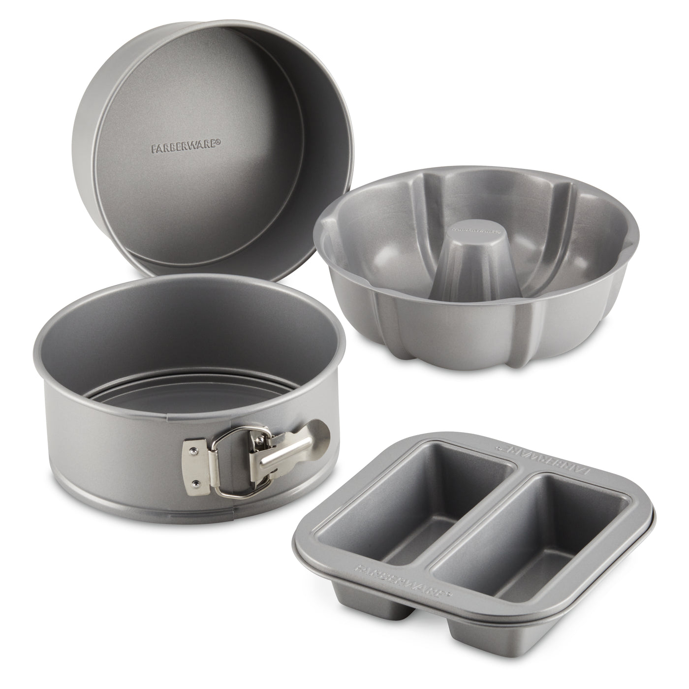 Introducing the Farberware 4-Piece Nonstick Specialty Bakeware Set: a collection of grey nonstick baking pans including a springform, Bundt, and mini loaf pans. Expertly crafted for seamless release and effortless cleanup in any kitchen.