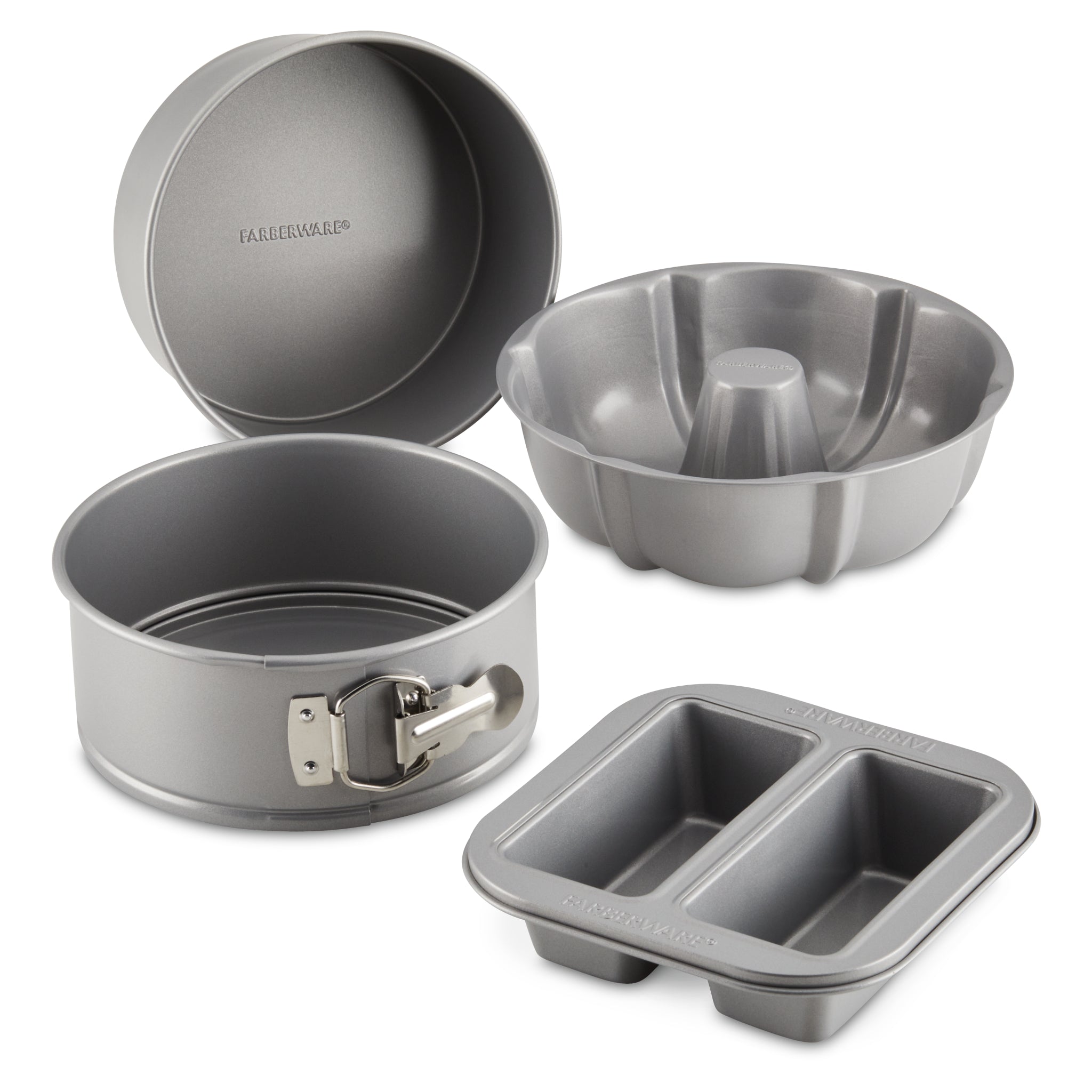 Introducing the Farberware 4-Piece Nonstick Specialty Bakeware Set: a collection of grey nonstick baking pans including a springform, Bundt, and mini loaf pans. Expertly crafted for seamless release and effortless cleanup in any kitchen.