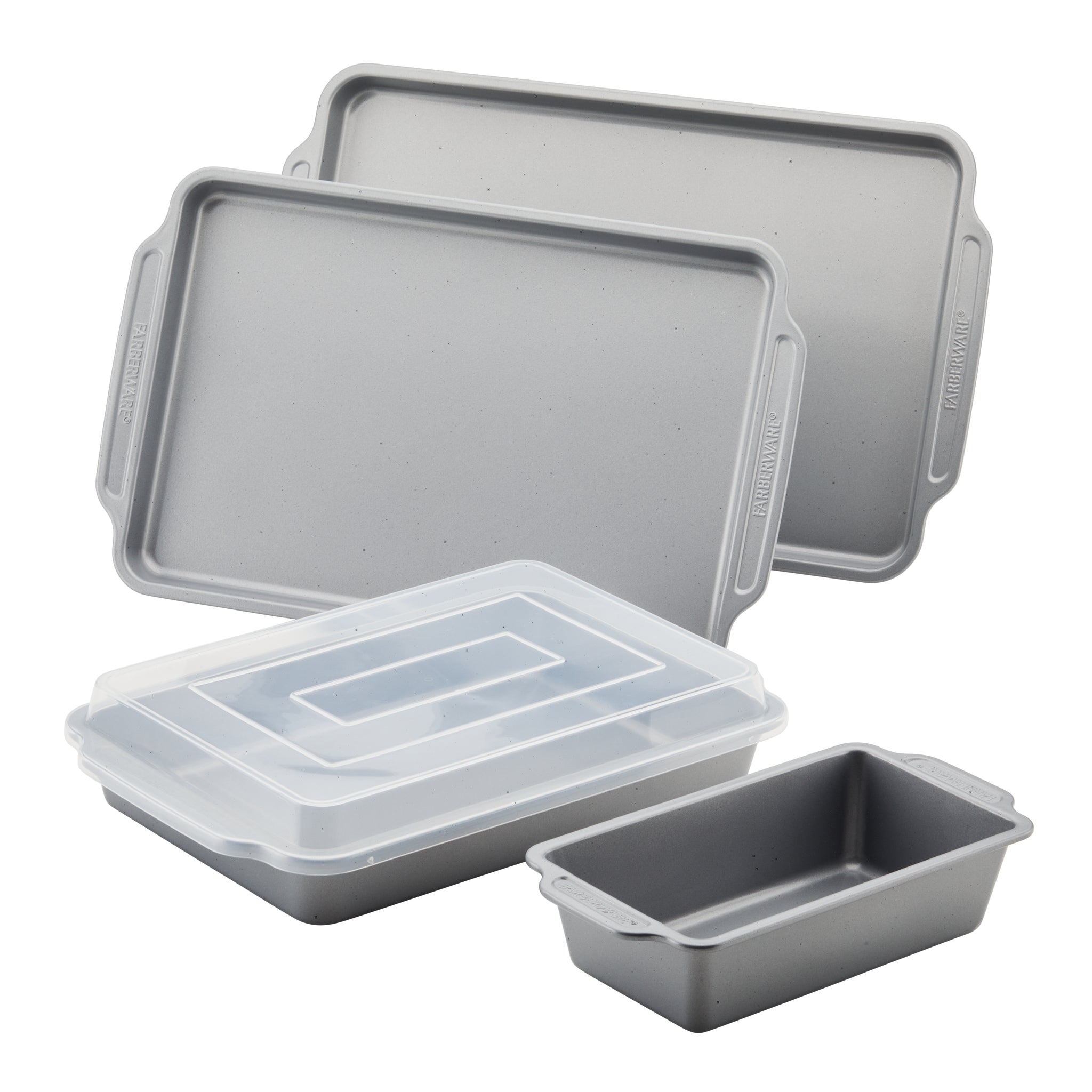 A set of gray baking trays with lids from the 5-Piece Nonstick On-the-Go Bakeware Set is artfully arranged on a white background, offering multiple sizes that are perfectly oven safe for all your culinary creations.