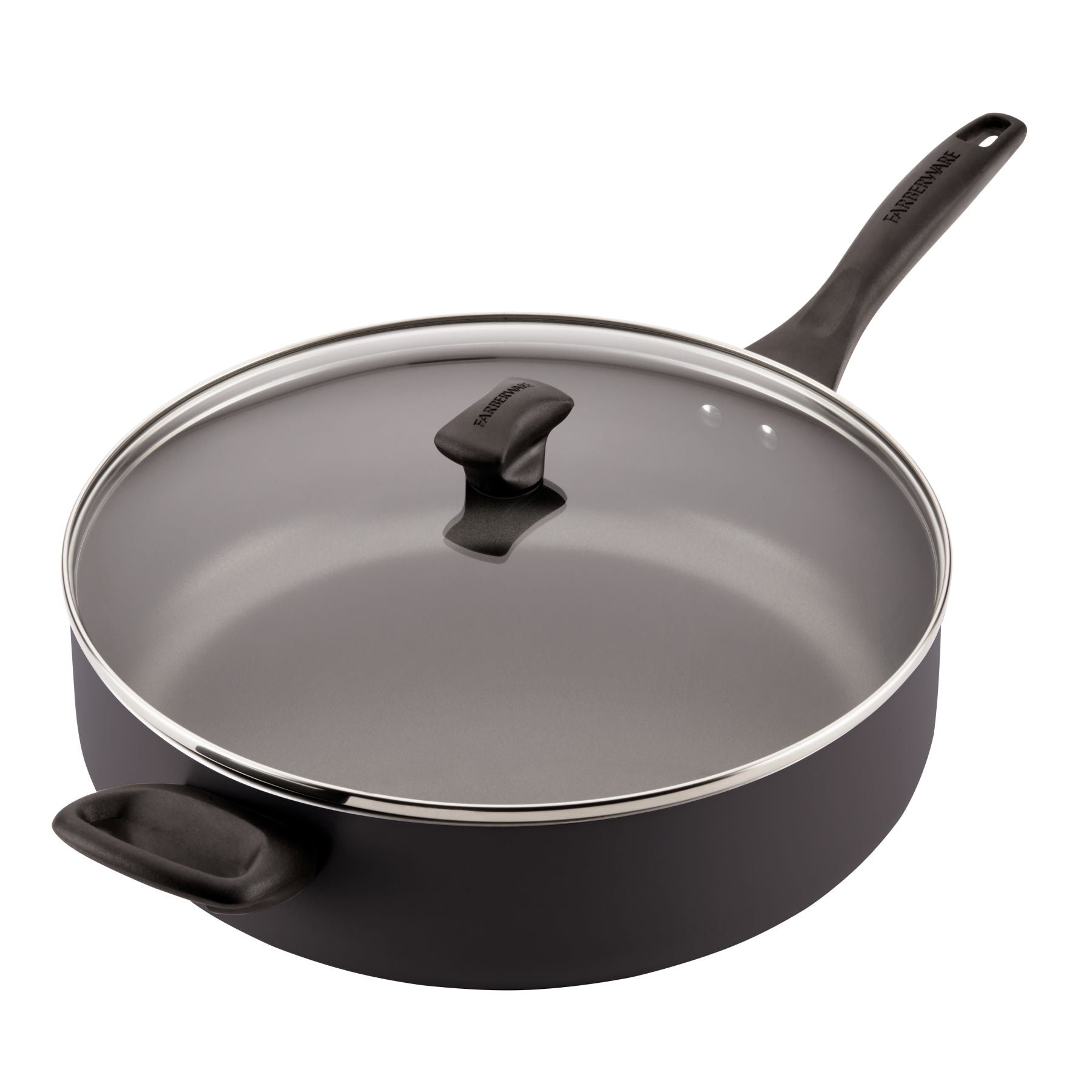 Introducing the 6-Quart Nonstick Jumbo Cooker: This spacious black skillet is ideal for serving party-sized portions and comes equipped with a glass lid and dual handles. Additionally, it is dishwasher safe, ensuring effortless cleanup.