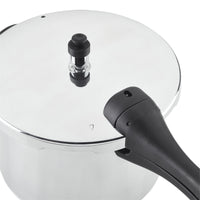 Here is a description using the given product data:

Close-up of the 6-Quart Stovetop Pressure Cooker, featuring a stainless steel design with a black handle, ideal for stovetop cooking.