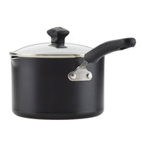 Black Nonstick Saucepan with Straining Lid, featuring DiamondMax nonstick technology and a black handle, complete with a glass lid.