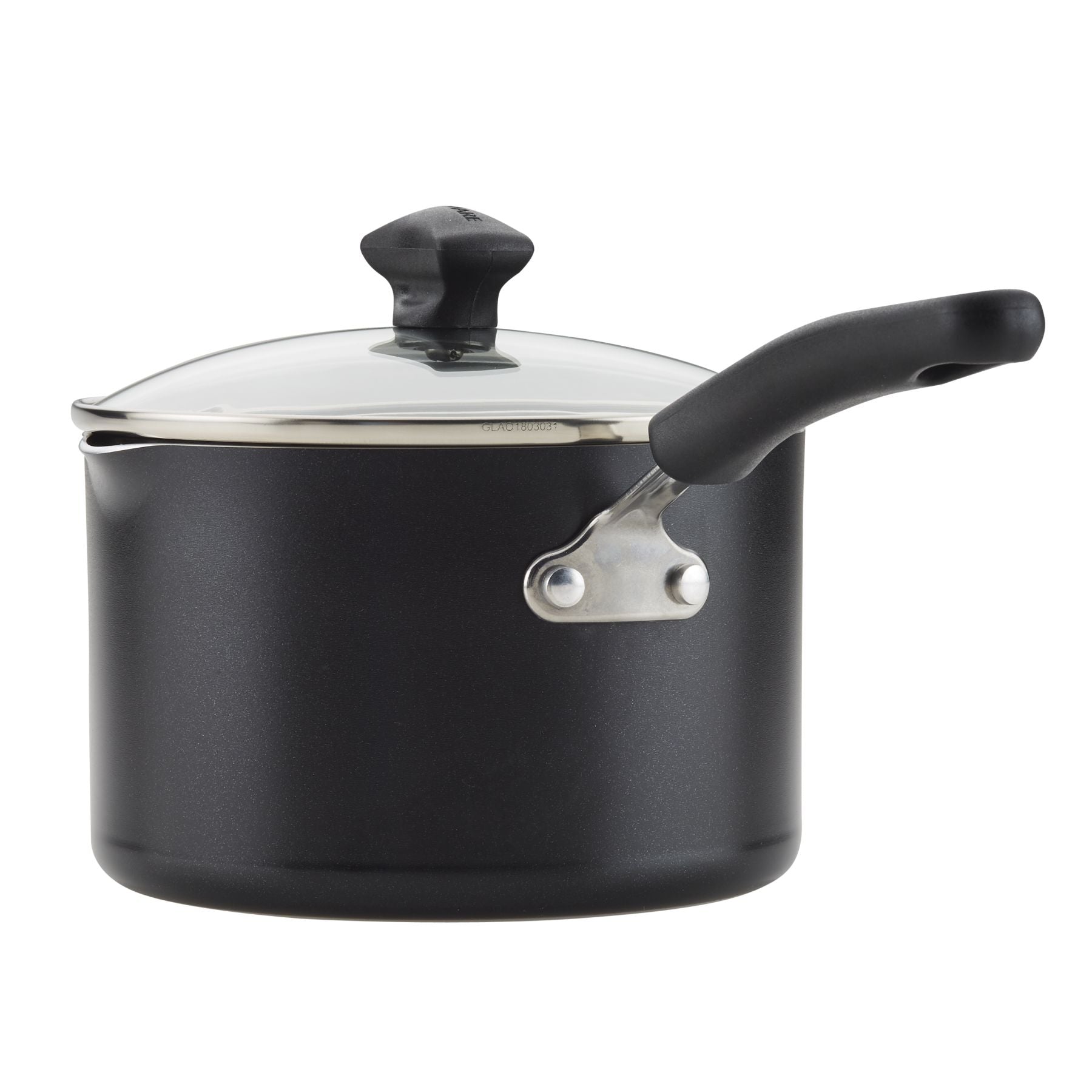 Black Nonstick Saucepan with Straining Lid, featuring DiamondMax nonstick technology and a black handle, complete with a glass lid.