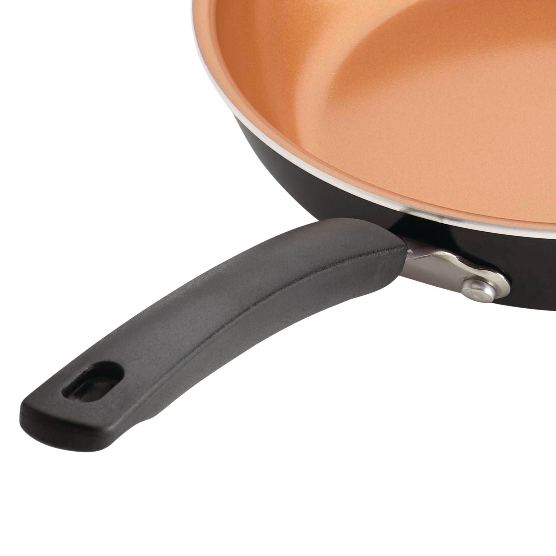 A close-up of the 12.5-Inch Nonstick Frying Pan showcases its black handle and copper-colored interior, making it perfect for one-pan recipes.