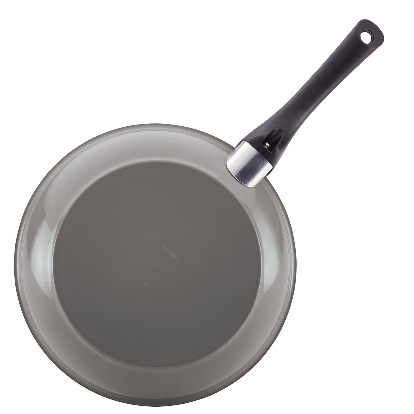 A gray piece from the 12-Piece Nonstick Cookware Set, featuring a black handle, viewed from above to highlight the high-performance kitchenware that ensures exceptional cooking every time.