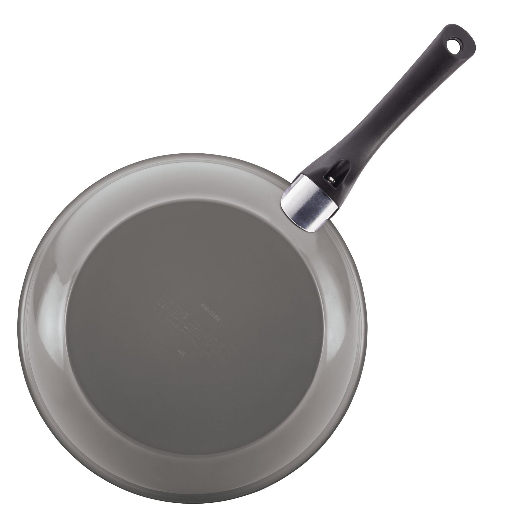 A gray piece from the 12-Piece Nonstick Cookware Set, featuring a black handle, viewed from above to highlight the high-performance kitchenware that ensures exceptional cooking every time.