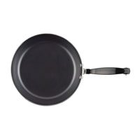 A black frying pan with a long handle, shown from above, features dishwasher-safe design for easy cleaning. As part of the Classic Series Stainless Steel 15-Piece Cookware Set, it promises to elevate your culinary experience with its elegant nonstick construction.