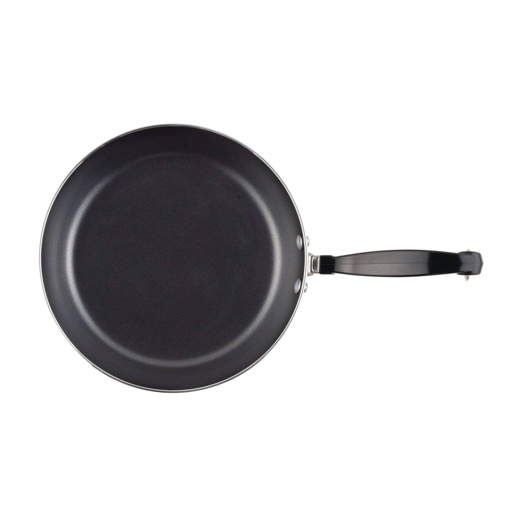 A black frying pan with a long handle, shown from above, features dishwasher-safe design for easy cleaning. As part of the Classic Series Stainless Steel 15-Piece Cookware Set, it promises to elevate your culinary experience with its elegant nonstick construction.