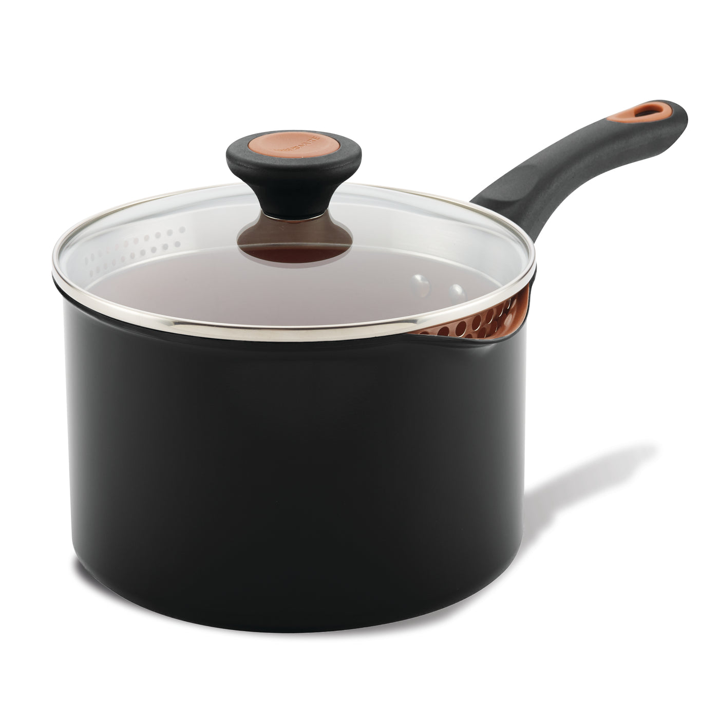 The 3-Quart Copper Ceramic Nonstick Straining Saucepan in black is equipped with CopperSlide nonstick technology for smooth cooking, a shatter-resistant glass lid, and an ergonomic handle for comfortable grip.