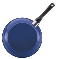 A blue frying pan with a black handle from the 12-Piece Nonstick Cookware Set, viewed from above—an exquisite piece of cookware, perfect for any kitchen.