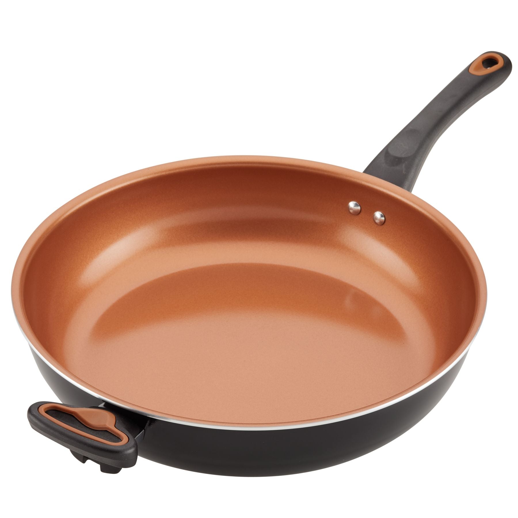 The 12.5-Inch Copper Ceramic Nonstick Deep Frying Pan comes with a black handle and an additional helper handle, all enhanced with nonstick technology for effortless cooking and easy cleanup.