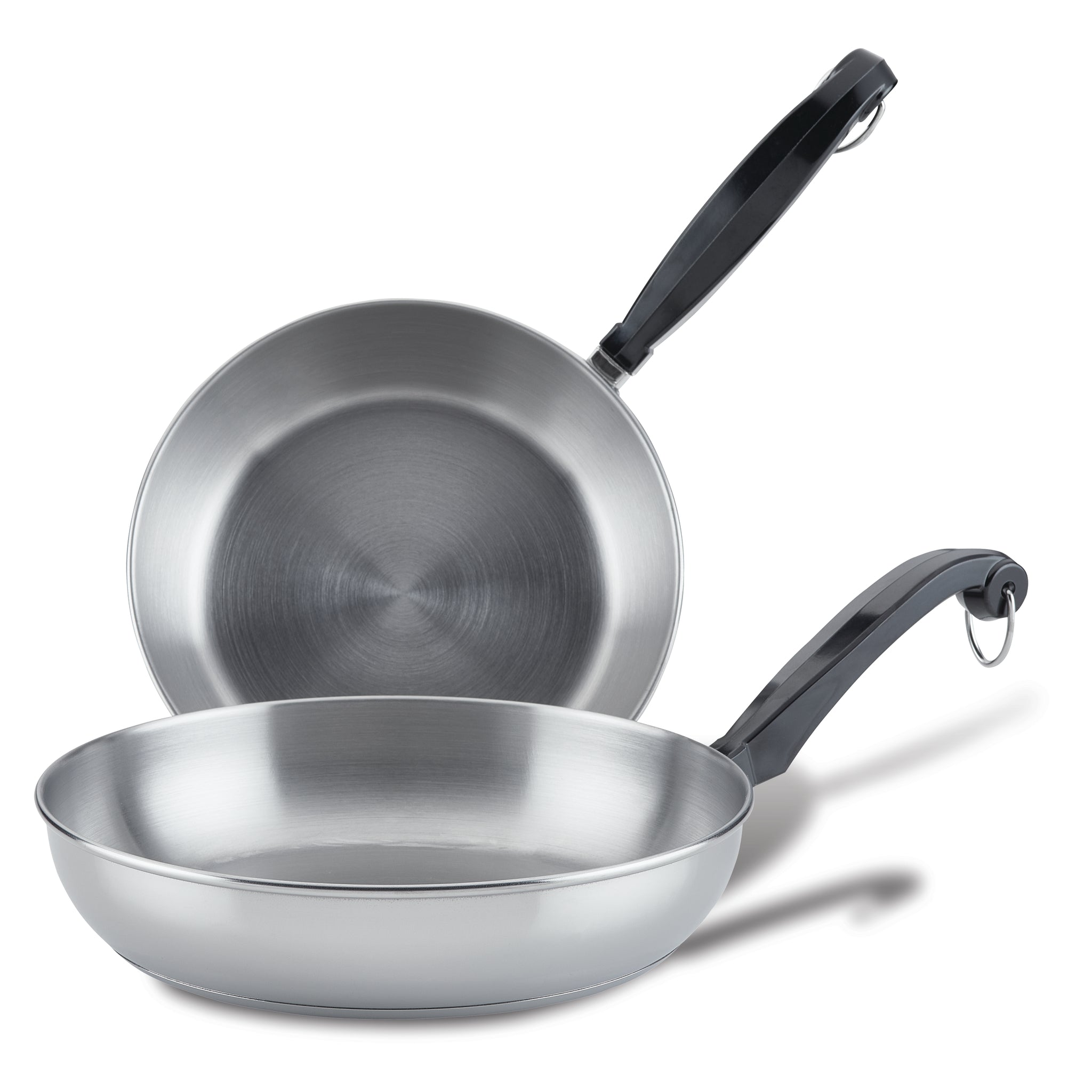 The Classic Series Stainless Steel 8.25" & 10" Frying Pan Set offers a versatile option with two pans that include black handles, neatly stacking together to provide both durability and convenience in your kitchen.