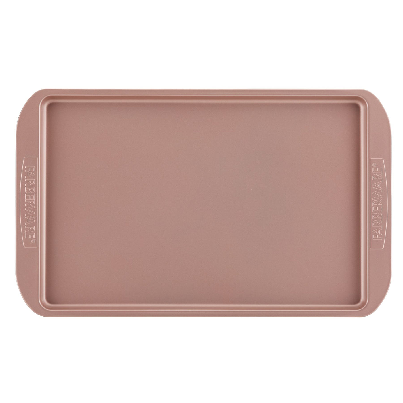 Cookie Pan in a rectangular shape, featuring a rose gold color with a nonstick surface and side handles, ideal for baking cookies.