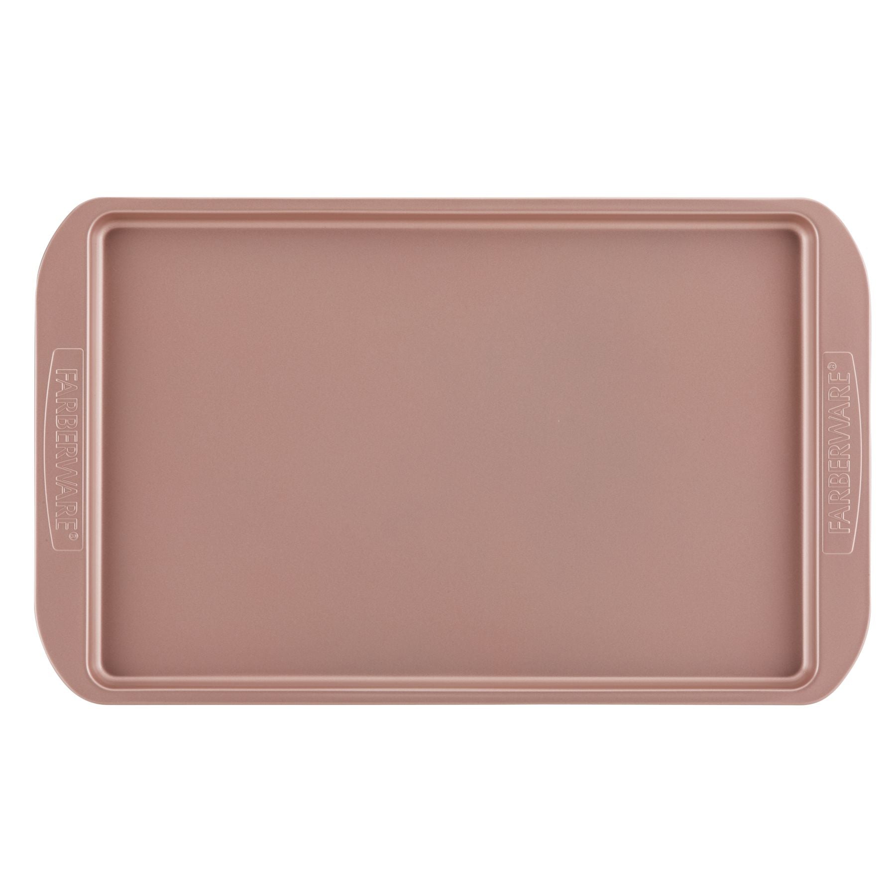 Cookie Pan in a rectangular shape, featuring a rose gold color with a nonstick surface and side handles, ideal for baking cookies.