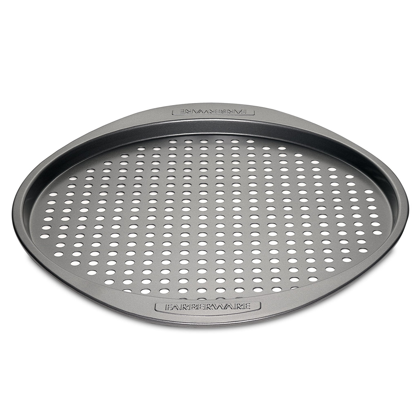 The 13-Inch Pizza Crisper features a nonstick round design with perforations and convenient handles on each side, ideal for creating pizzeria-style pizzas.