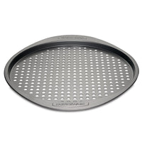 The 13-Inch Pizza Crisper features a nonstick round design with perforations and convenient handles on each side, ideal for creating pizzeria-style pizzas.