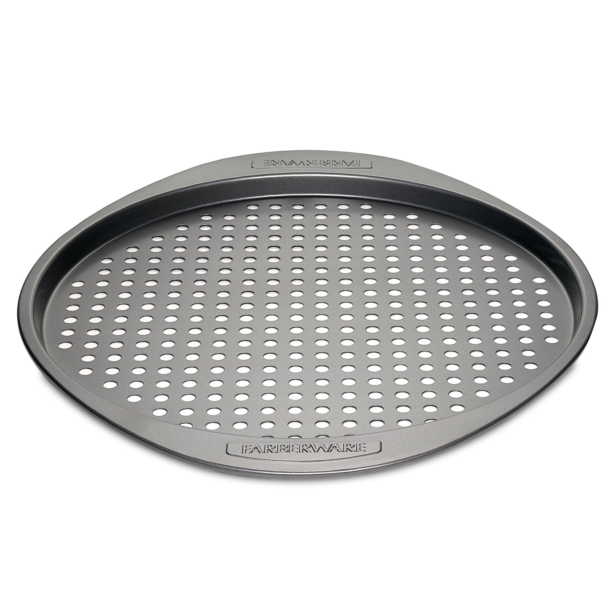 The 13-Inch Pizza Crisper features a nonstick round design with perforations and convenient handles on each side, ideal for creating pizzeria-style pizzas.