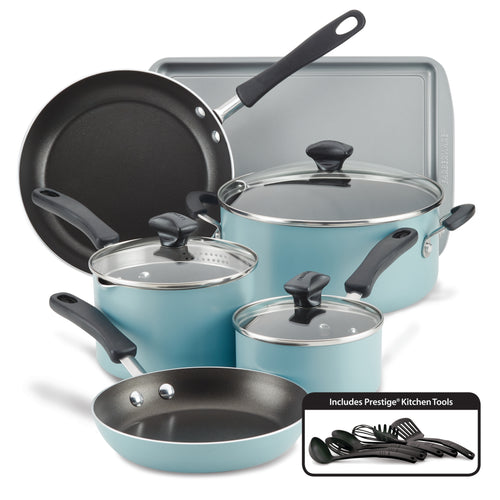 The 15-Piece Nonstick Cookware Set includes blue and black cookware consisting of various pots and pans made from heavy gauge aluminum, ensuring durability and excellent heat distribution.