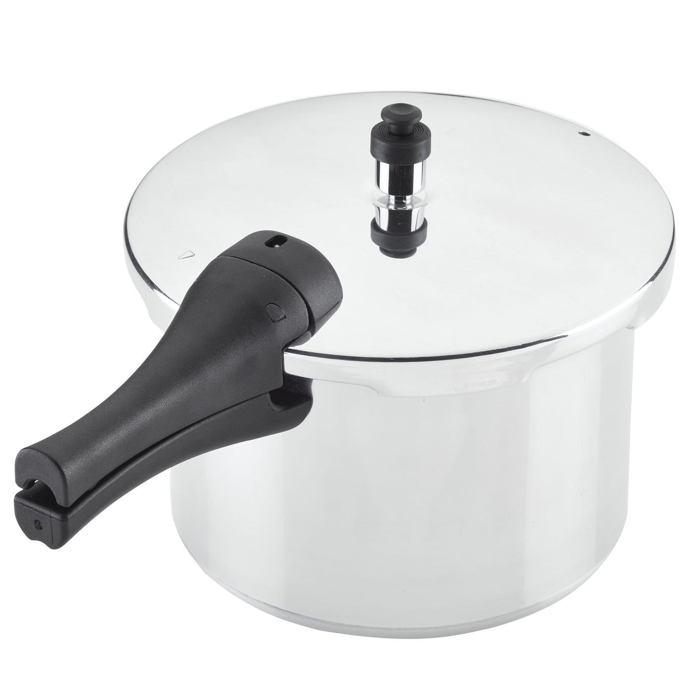 The 6-Quart Stovetop Pressure Cooker, crafted from silver aluminum with a black handle and top knob, is perfect for efficient stovetop cooking.