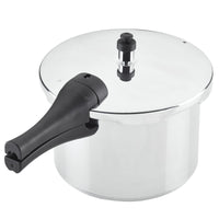 The 6-Quart Stovetop Pressure Cooker, crafted from silver aluminum with a black handle and top knob, is perfect for efficient stovetop cooking.
