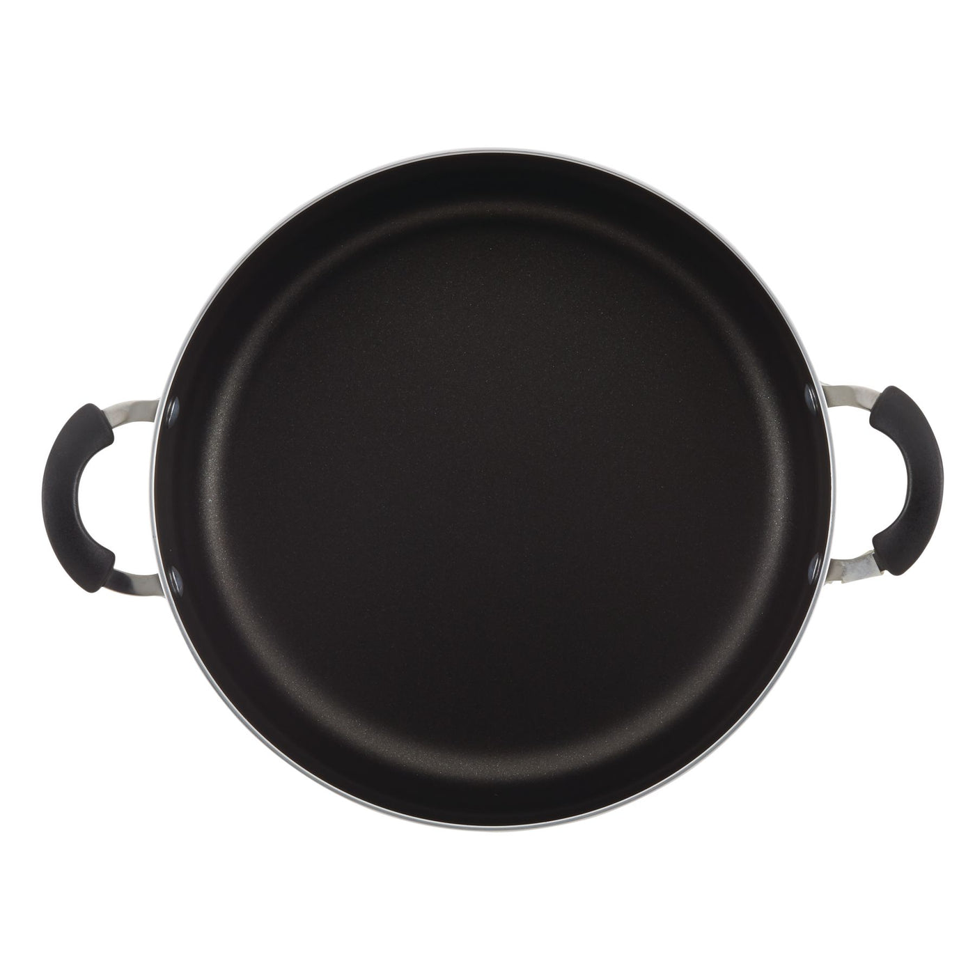 Black 10.5-quart nonstick stockpot with two handles, perfect for preparing family-sized portions, top view.
