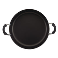 Black 10.5-quart nonstick stockpot with two handles, perfect for preparing family-sized portions, top view.